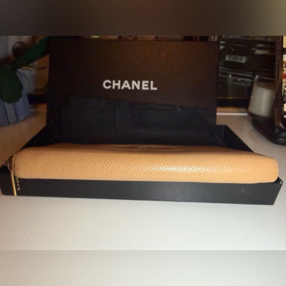 Authentic CHANEL Camel Leather Zip Wallet with box, COA - Picture 7 of 17